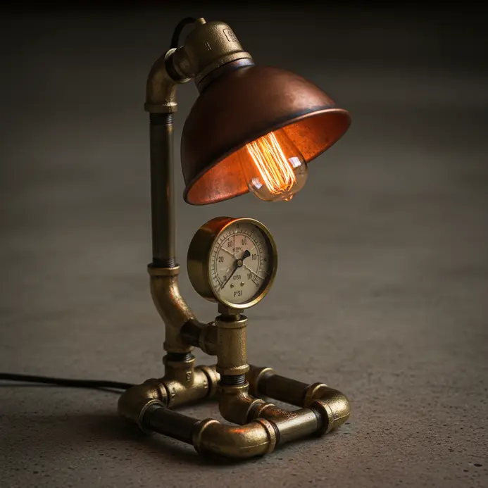 Working steampunk-style lamp made of repurposed industrial components