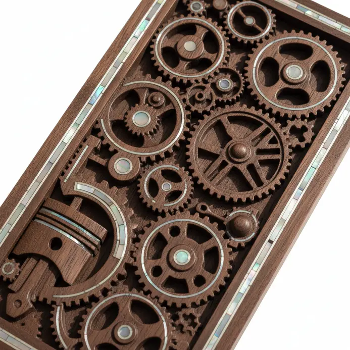 Decorative wooden picture frame featuring intricate mechanical motifs