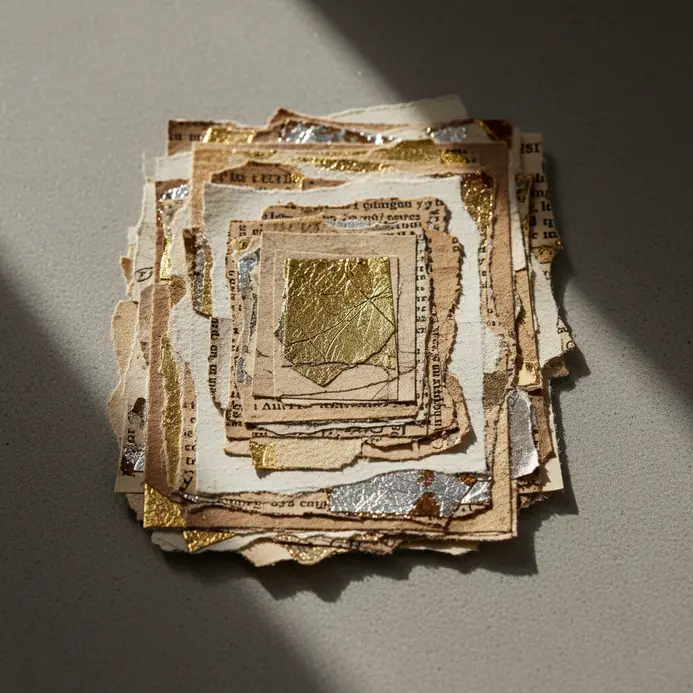 Monochromatic collage with warm browns creams and metallic sheen
