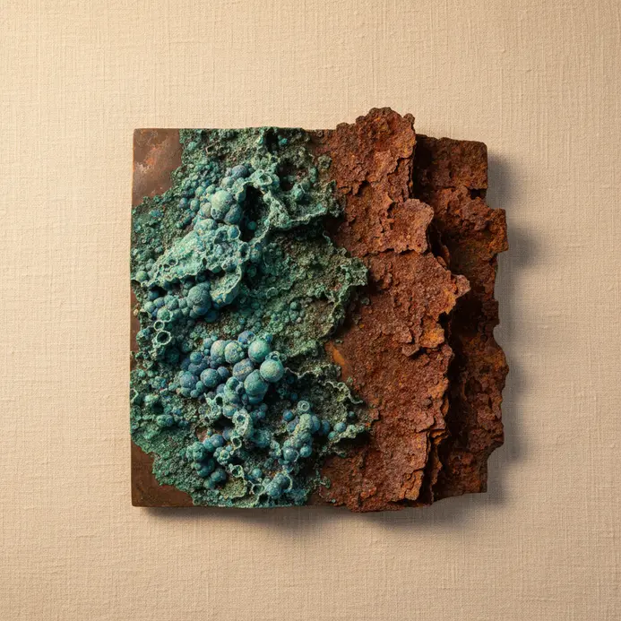 Close-up view of oxidized metal surfaces with vibrant verdigris textures