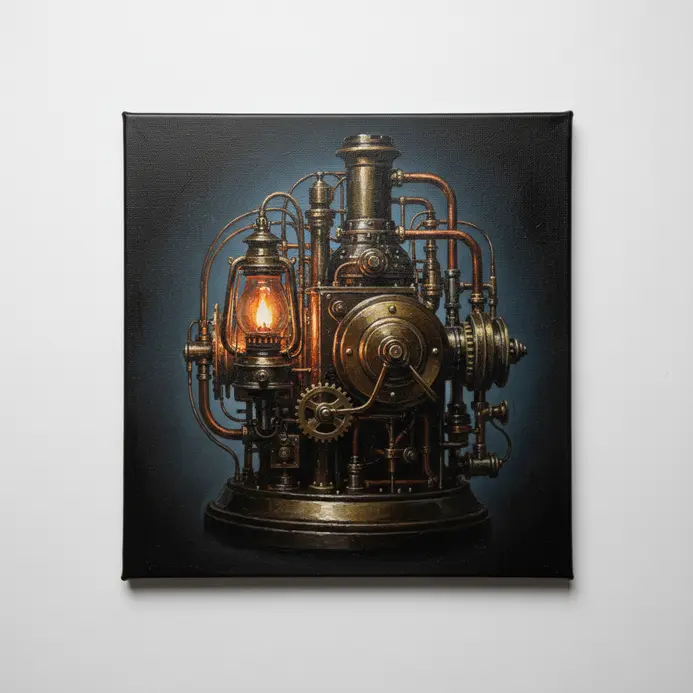 Canvas painting showing strong contrast between light and shadow on machinery