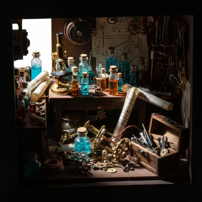 Deep frame containing a detailed miniature scene of a cluttered steampunk lab