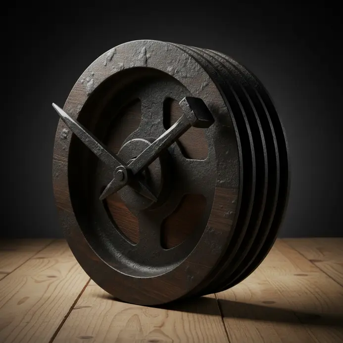 Rustic functional clock constructed from aged factory machinery parts