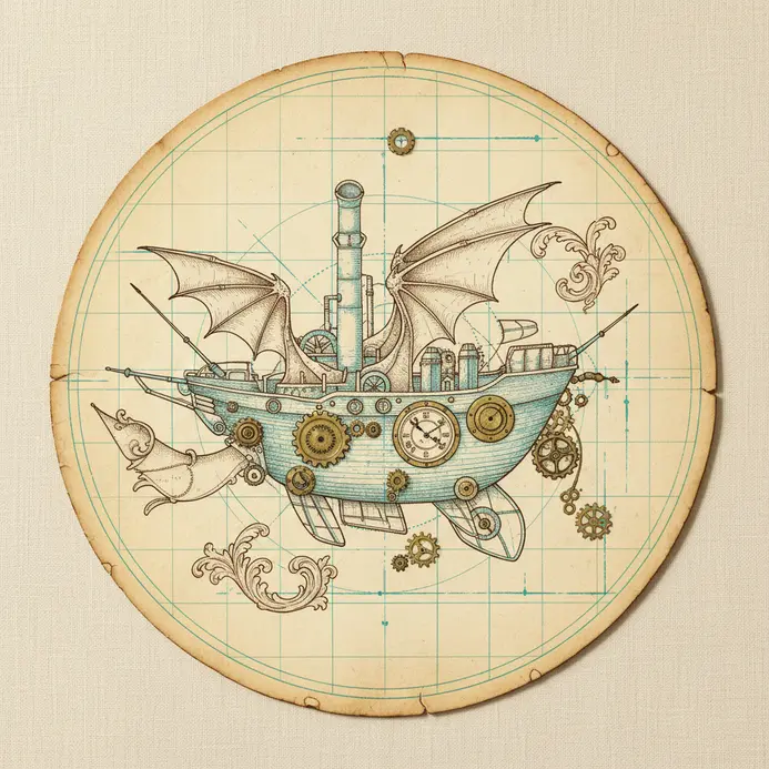 Mixed media artwork depicting a fantastical steam-powered spacecraft design
