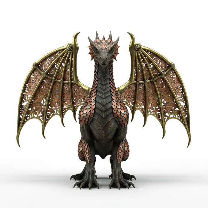 Mythical creature sculpture crafted from wood metal and wire mechanisms