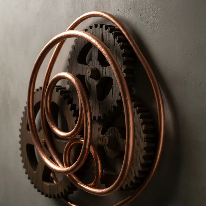 Industrial wall art piece made from polished copper and dark stained wood