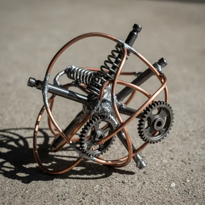Abstract sculpture made from interconnected metal components and gears