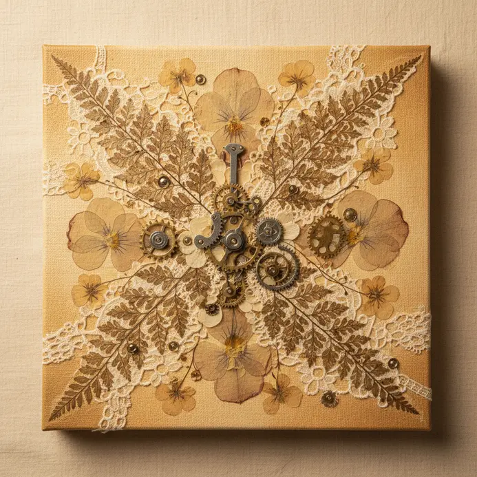 Floral steampunk artwork with mechanical elements intertwined with dried botanicals