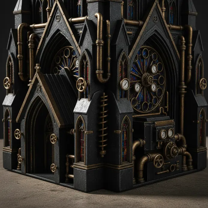 Gothic building model constructed from black metal, stained glass, and brass fittings