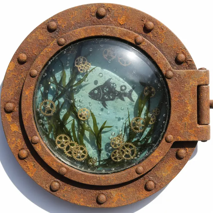 Circular mixed media artwork showing a steampunk underwater scene with brass details