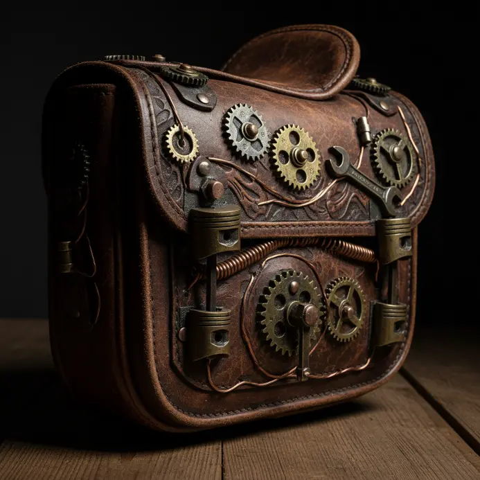 Weathered leather bag adorned with industrial metal components and rustic tools