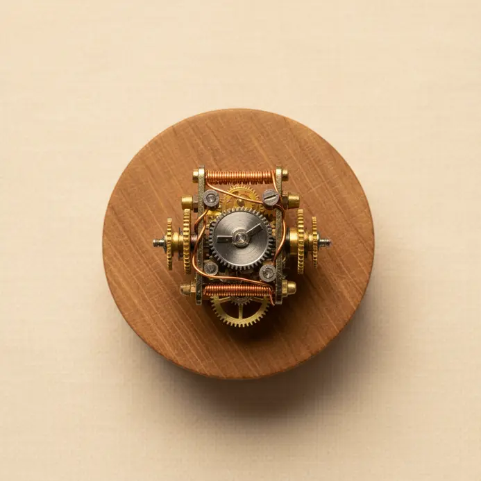 Extremely small detailed mechanical scene mounted on a wooden block