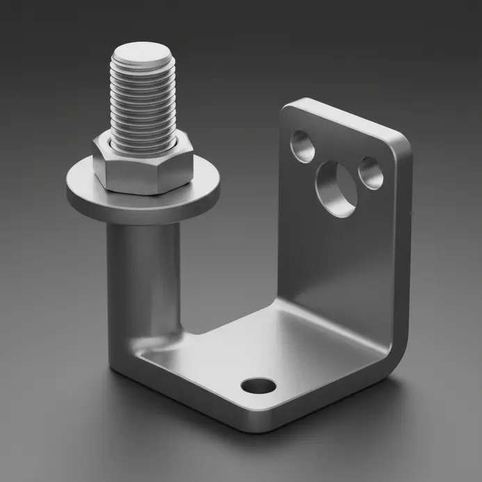 Detailed models of various mechanical fasteners and mounting brackets rendered in a CAD software viewport.