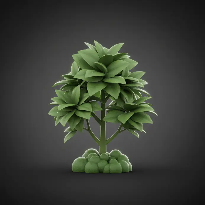 Stylized 3D models of a tree and several bush forms, suitable for architectural landscaping renders.