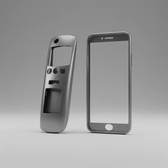 Smooth, ergonomic 3D models of a consumer electronic remote control and a smartphone body.
