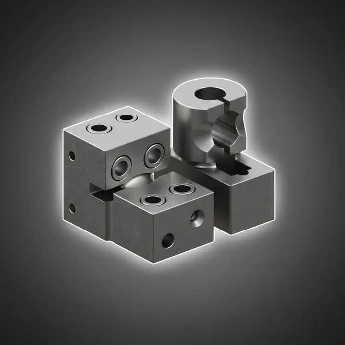 Precision 3D CAD models of a metal drilling guide jig and a matching punch and die for fabrication.