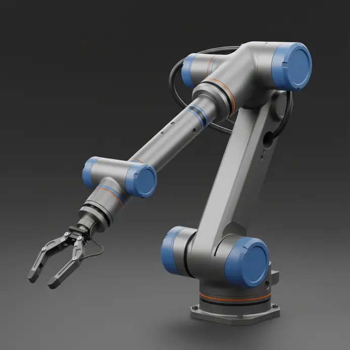 A 3D model of an articulated robotic arm section with visible servo mounts and a parallel gripper end effector.