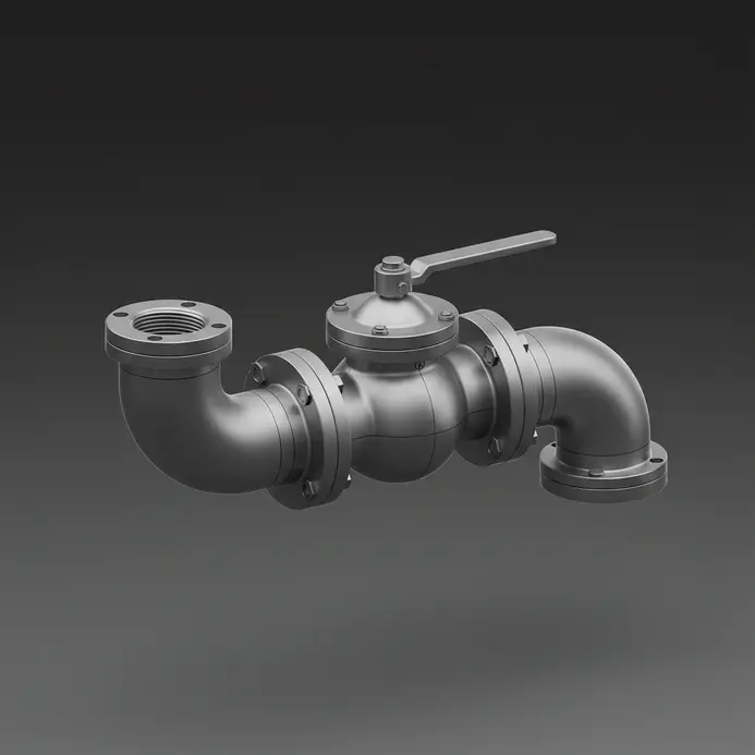 A collection of 3D CAD models for industrial piping, including elbows, a ball valve, and connecting flanges.