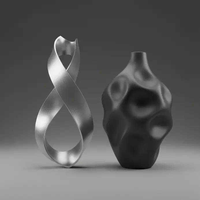 Artistic 3D models of an abstract twisted ribbon sculpture and an organic, vase-like form on a plain background.