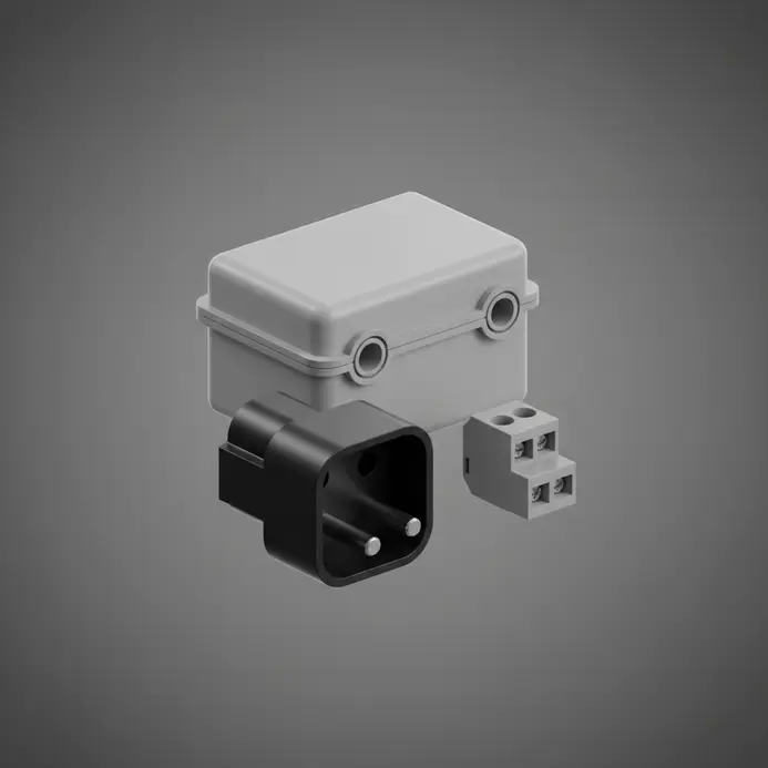 A collection of 3D CAD models for electrical connectors and plastic enclosures on a neutral digital background.