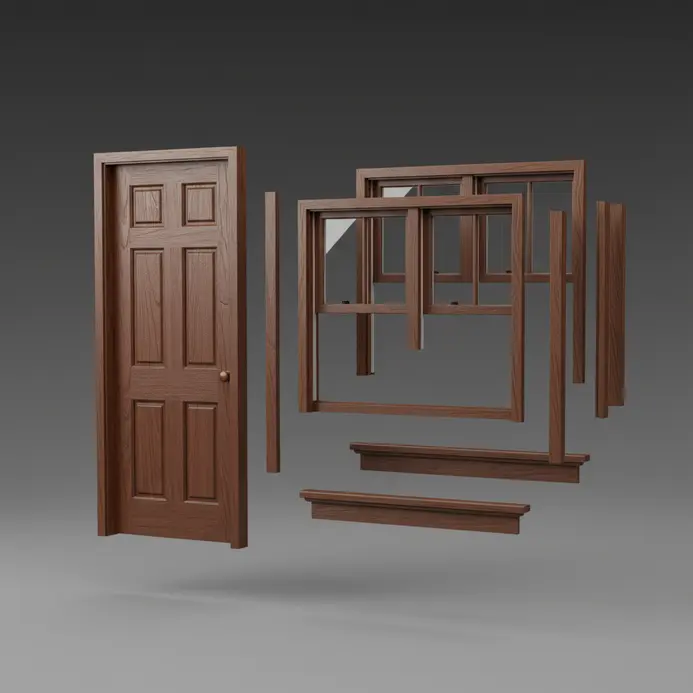 Architectural 3D models of a door and window assembly shown in an exploded view within a CAD environment.