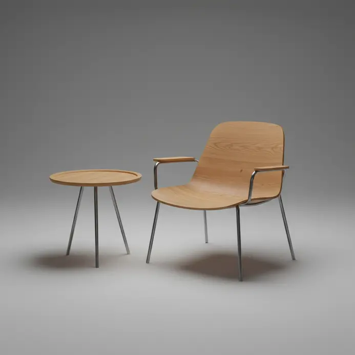 A 3D model of a contemporary armchair and a matching table with clean lines, displayed in a wireframe and shaded view.