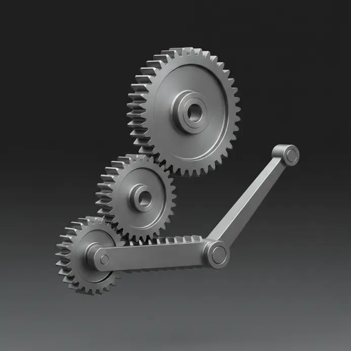 Interlocking spur gears and a mechanical lever shown as precise 3D CAD models for prototyping.