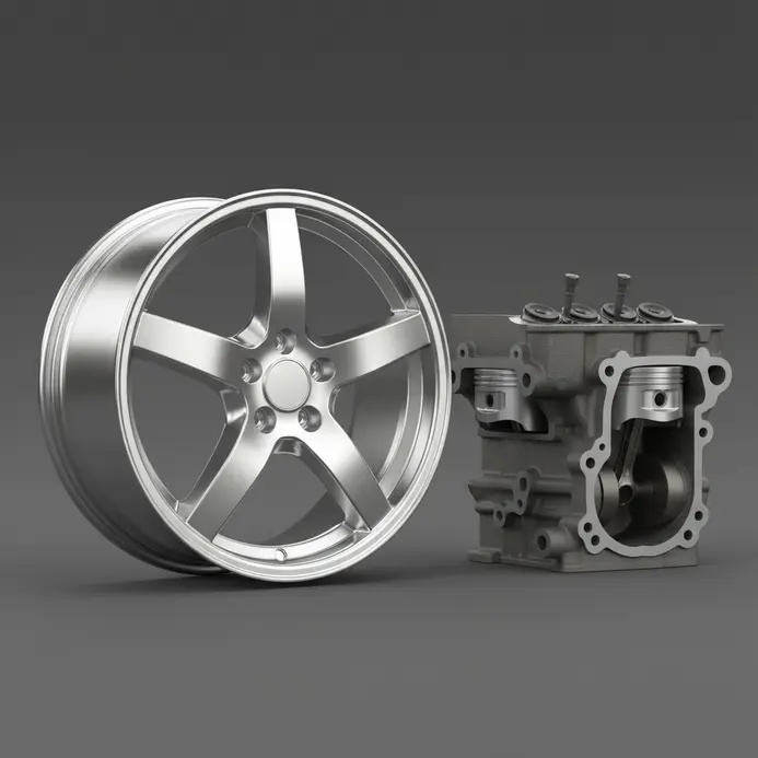 A 3D model of a five-spoke car wheel and a sectioned V8 engine block in a CAD workspace.