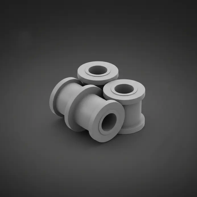 A set of cylindrical and flanged rubber grommets and bushings modeled in 3D with realistic material texture.