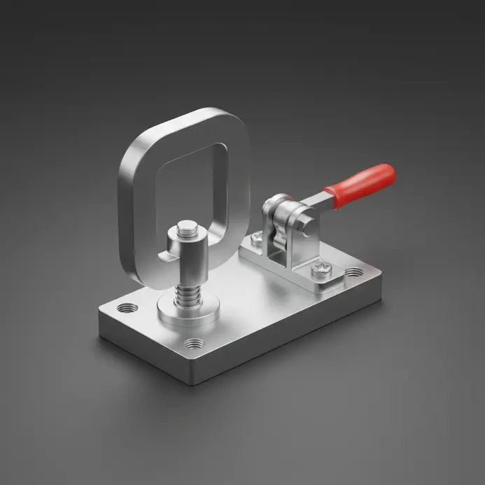 Detailed 3D models of a C-clamp, a toggle clamp, and an L-bracket mounting plate for assembly.