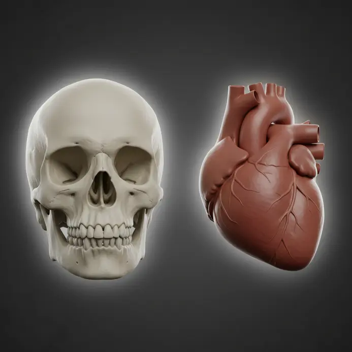 An anatomically accurate 3D CAD model of a human skull and a separate model of a human heart.