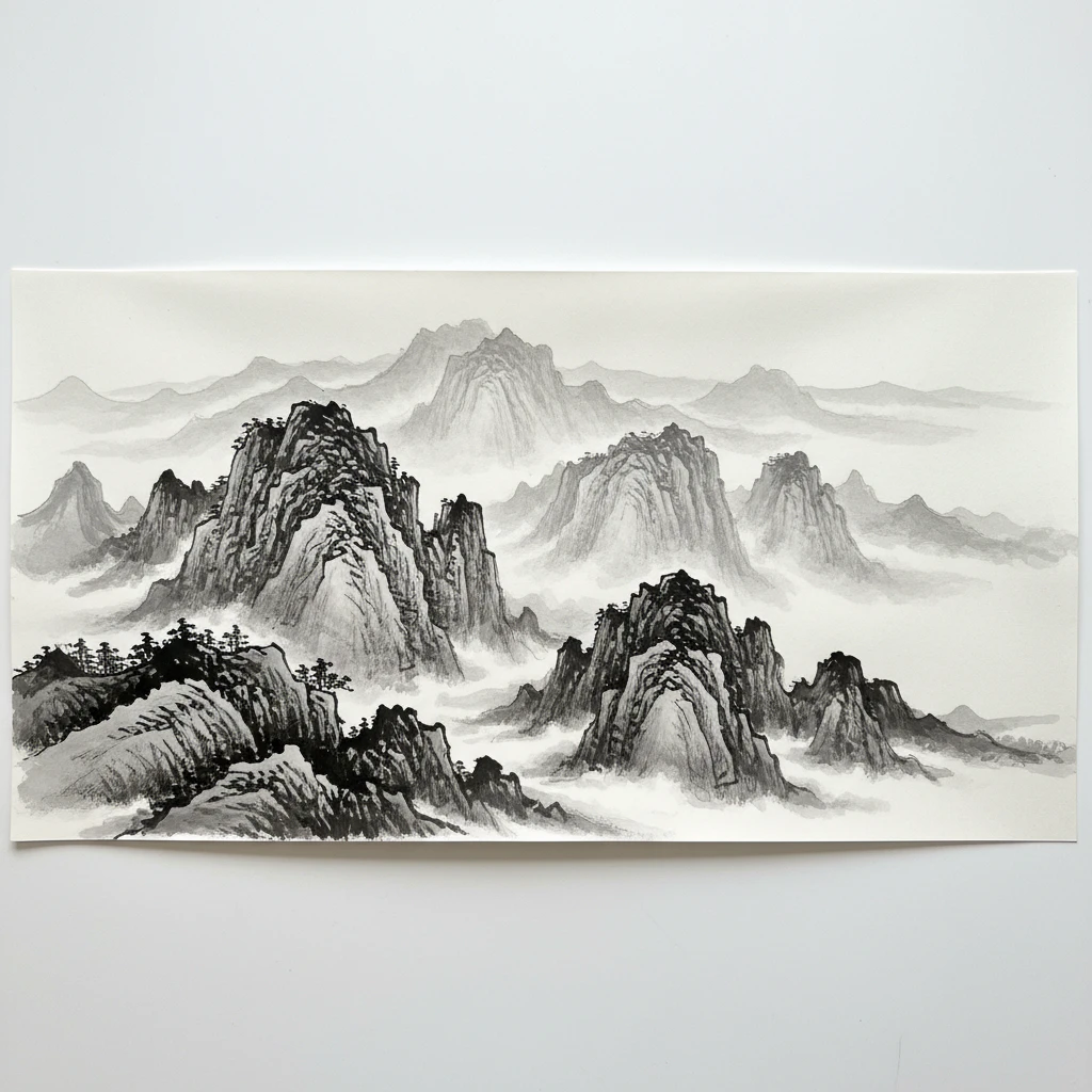 An ink painting of layered mountain peaks fading into atmospheric mist.