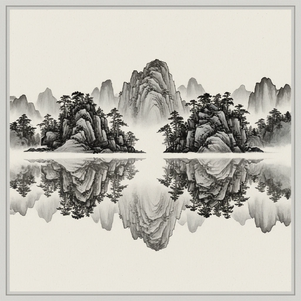 An ink landscape with a mirror-image reflection in still water.