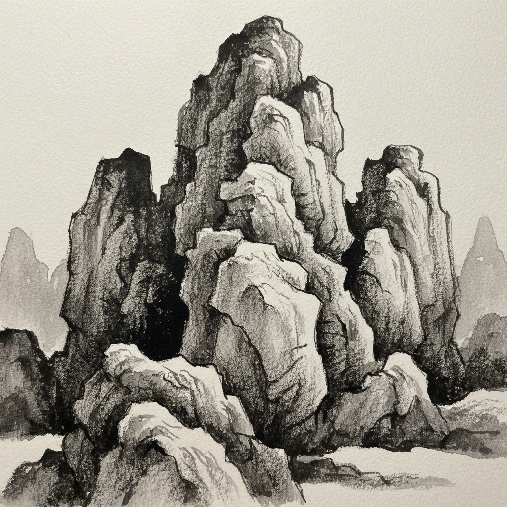 A textured ink painting of rock formations using dry brush techniques.