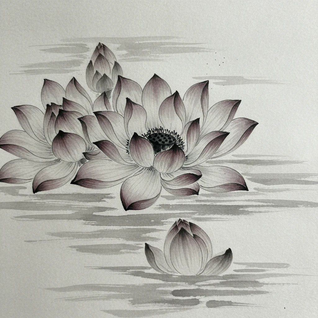 An expressive ink painting of delicate lotus blossoms on water.
