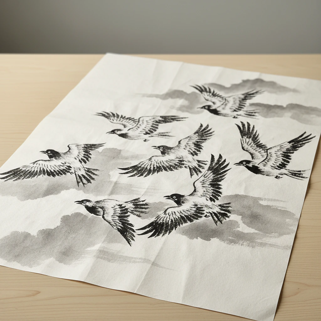 A dynamic ink drawing of birds in flight created with dry brush textures.