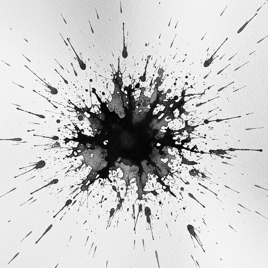 An abstract artwork made from spontaneous ink splashes and drips on paper.