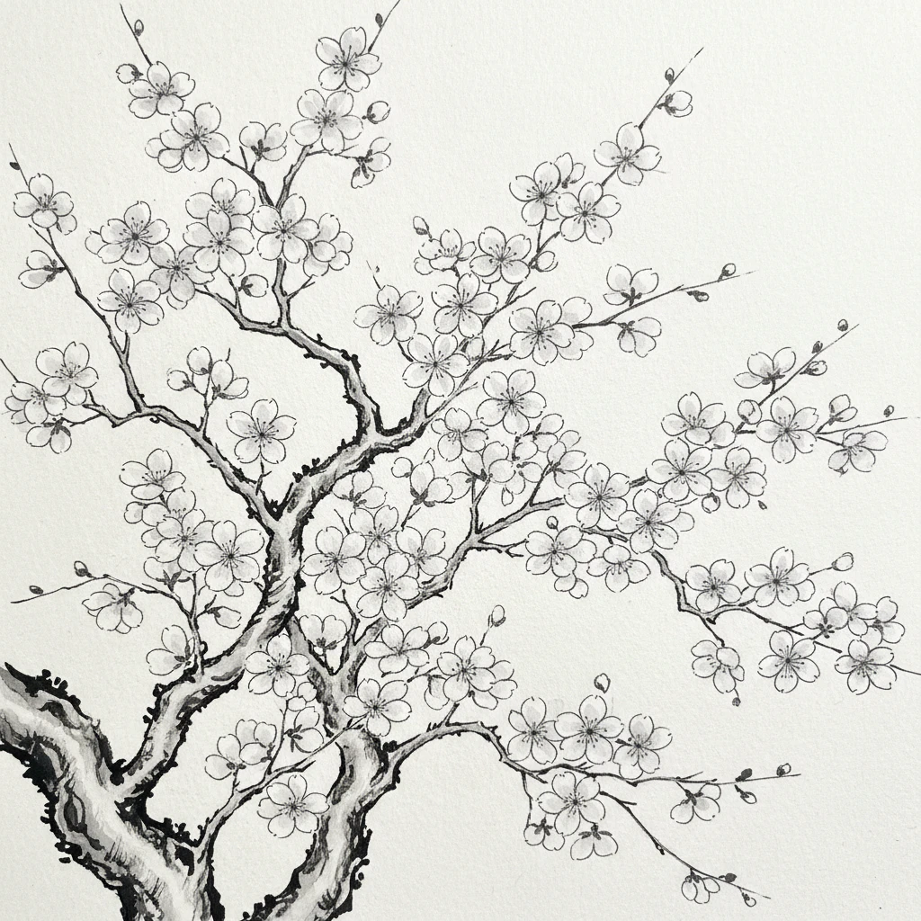 A detailed ink sketch of a cherry blossom branch with delicate petals.
