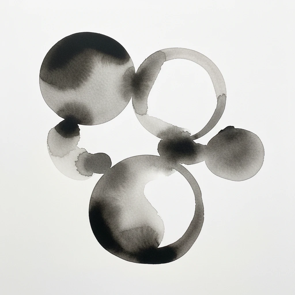 A contemporary abstract painting featuring ink circles and organic forms.