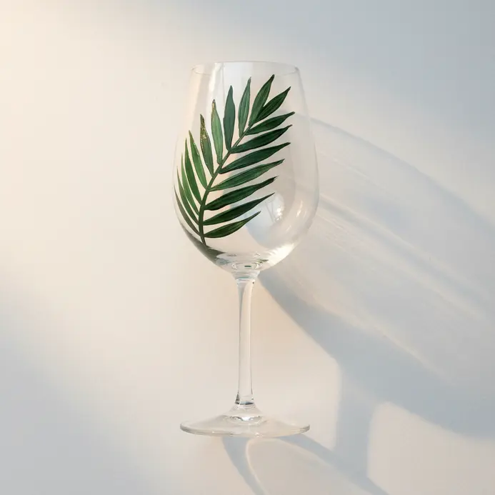 A wine glass sketch with a tall palm frond silhouette rising along one side of the bowl.