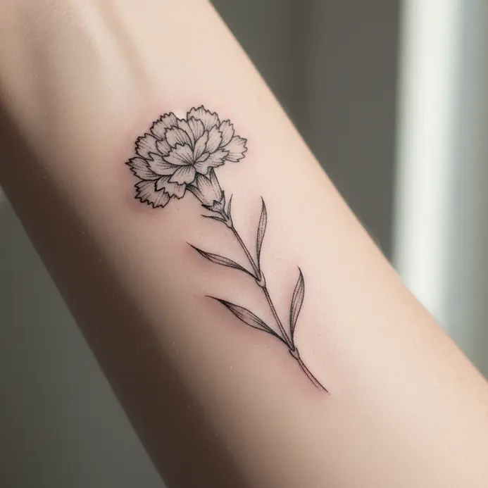 A delicate single carnation stem tattoo in thin black ink on the inner wrist.