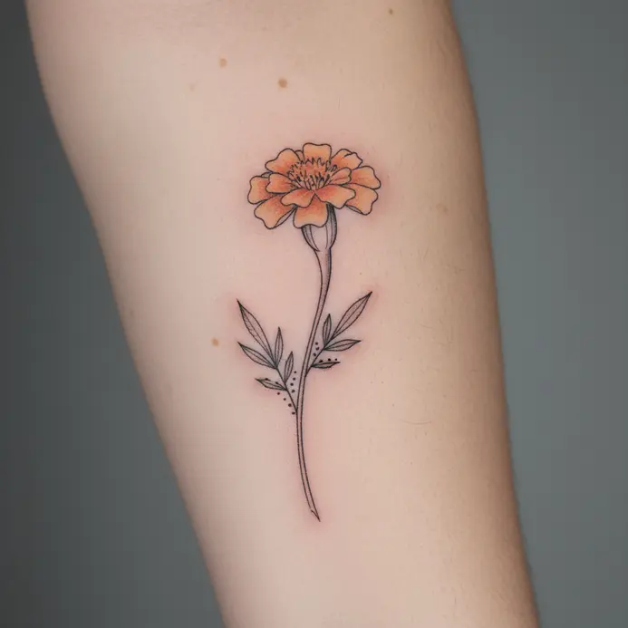 A simple marigold sprig tattoo with fine black lines and a soft orange blush on the petals.