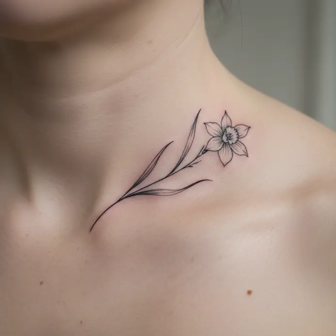 A fine-line narcissus stem tattoo placed parallel to the collarbone.