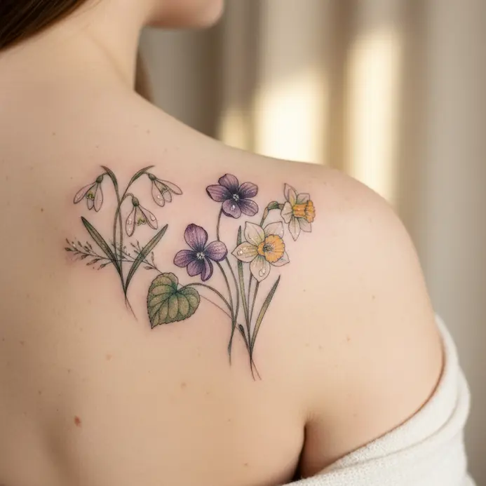A simple outline tattoo of a violet flower placed delicately behind the ear.