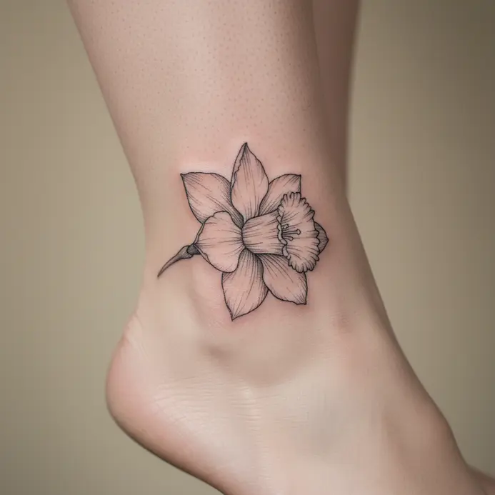 A side-profile daffodil bloom tattooed in fine lines on the outer ankle.