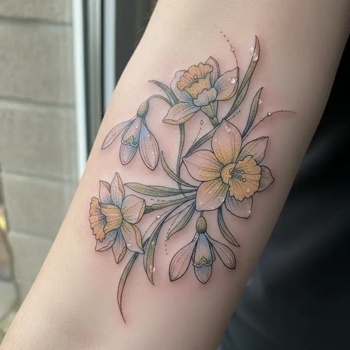 A continuous line of tiny daisy blooms forming a bracelet tattoo around a slender wrist.