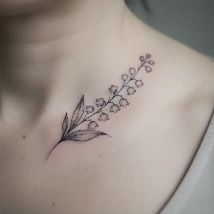 A fine-line tattoo of delicate lily of the valley bell flowers trailing along the collarbone.