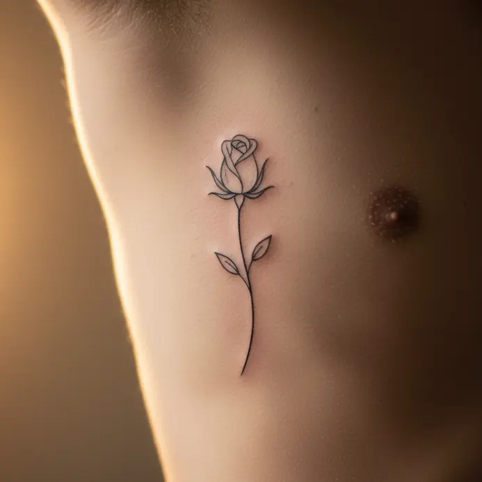 A minimalist rosebud and stem tattoo in black ink on the side of the rib cage.