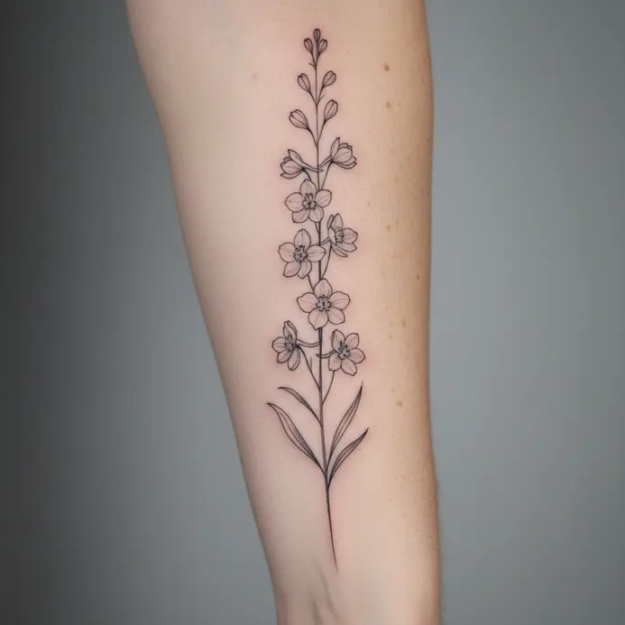 A tall, delicate spray of larkspur flowers tattooed in fine lines along the inner forearm.