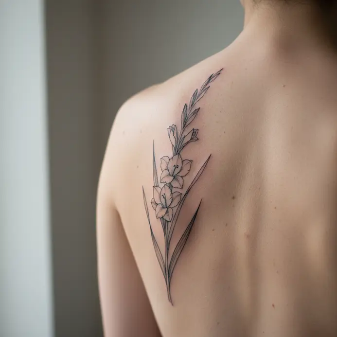An elegant gladiolus stem tattoo following the curve of the shoulder blade.
